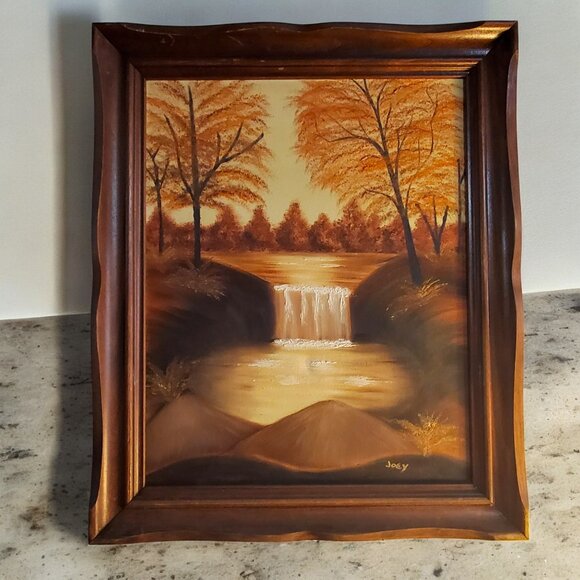 Vintage Original Oil On Canvas in Frame - Fall Lake Waterfall Scene - Signed - Picture 4 of 6
